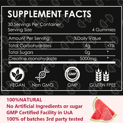 "Watermelon Creatine Gummies – Sweet Gains, No Scoop, Just Chew | 120ct 5g Vegan Micronized Creatine per Serving